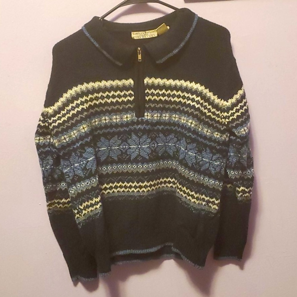 Vintage Blue Cozy Half-Zip Sweater ✦ Oversized Winter Collar Pullover (M)